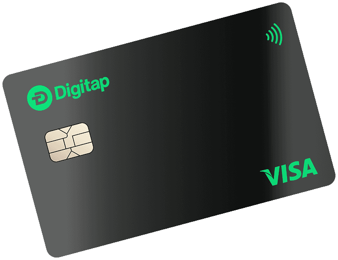 Digitap black Visa card with embedded chip, green logo, and contactless payment icon.