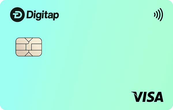 Digitap mint green Visa card featuring chip, contactless icon, and black logo on top left.